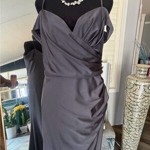 Oleg Cassini Slate Gray One-Shoulder Evening Gown